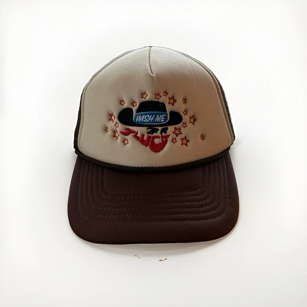 Wish Me Luck Hat Snapback Trucker Mesh Brown Beige Streetwear Cowboy Logo Men